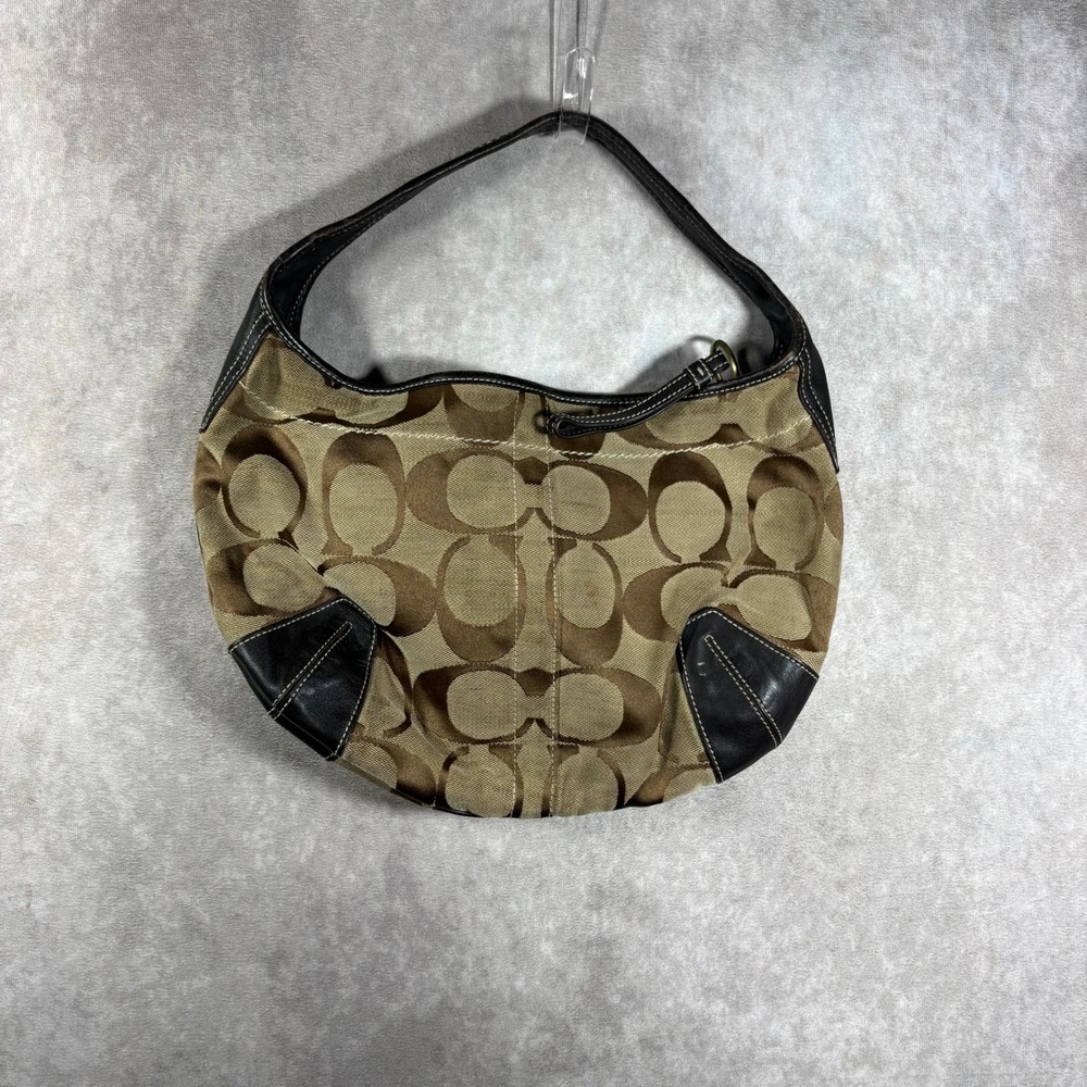 Coach Shoulder Bag Women Medium Brown Signature Canvas Hobo Leather Trim Vintage - Picture 8 of 16